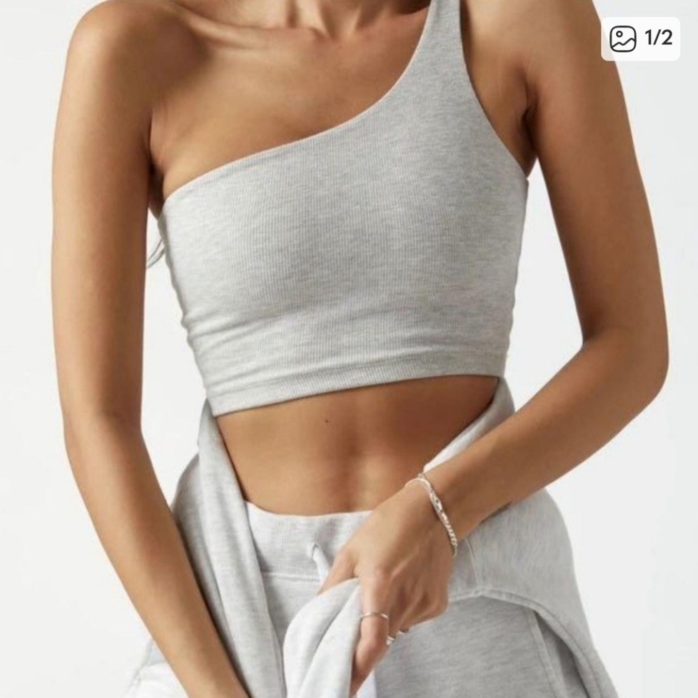 Joah Brown One-Shoulder Gray Ribbed Crop Top